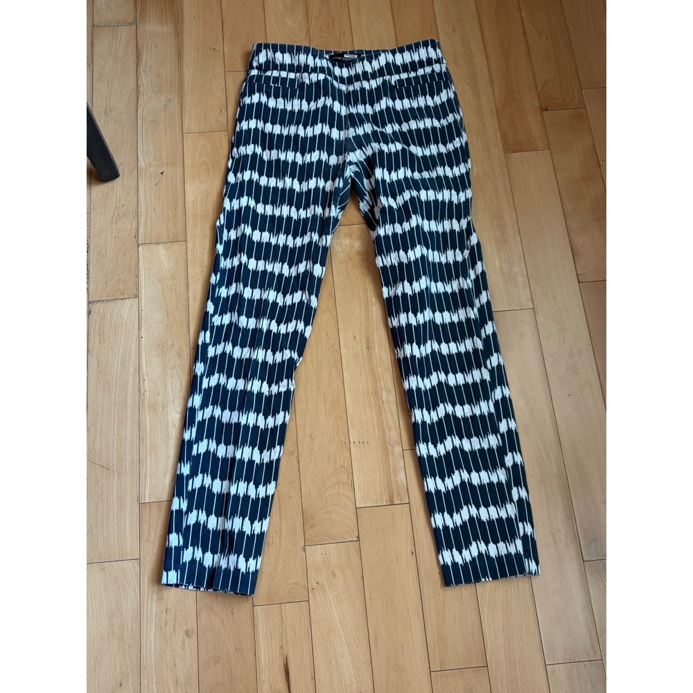 Sharagano Trousers Womens 4 Navy Blue White Ikat Abstract Print Straight Leg